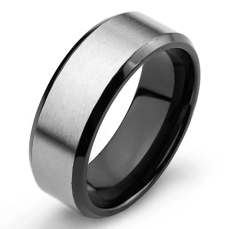 Women’s bridal rings with diamond halo settings -Crucible Black Plated Two Tone Titanium Band Ring (8mm)