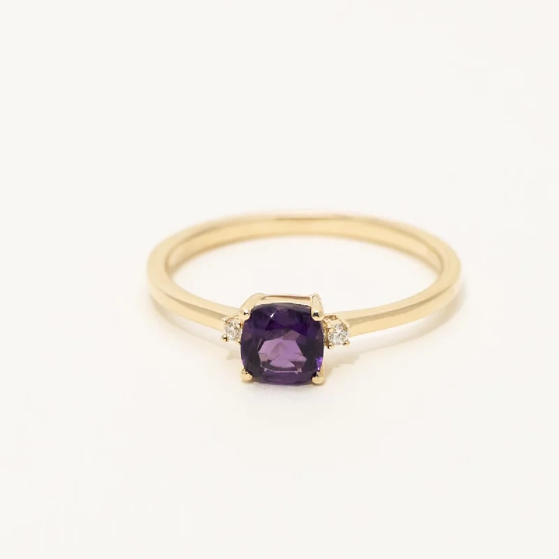 Women’s chunky rings with vibrant ruby inlays -Cushion Cut Amethyst Ring in 10kt Yellow Gold with Diamonds (.02ct tw)