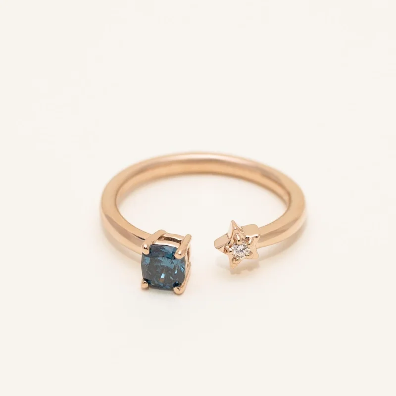 Women’s promise rings with subtle star engravings -Cushion Cut Blue Diamond Star Ring in 14kt Rose Gold (3/8ct tw)