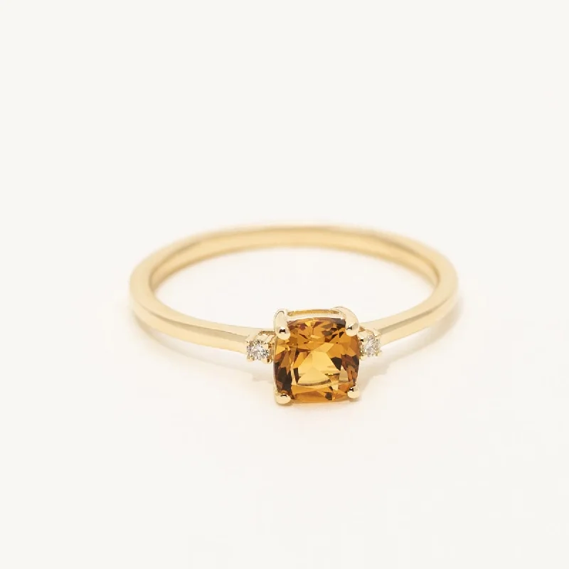 Women’s rose gold rings with moonstone glow -Cushion Cut Citrine Ring in 10kt Yellow Gold with Diamonds (.02ct tw)