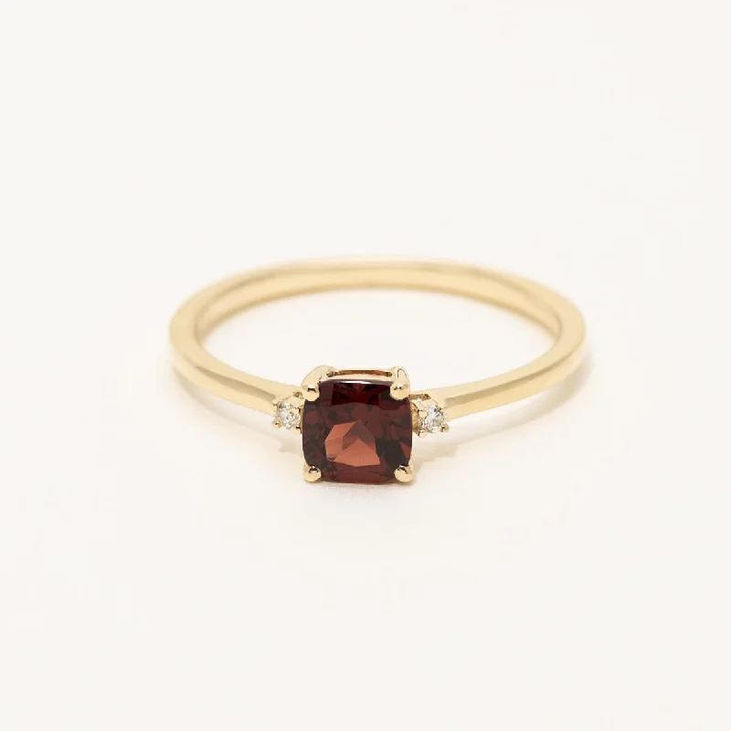 Women’s delicate rings with tiny sapphire accents -Cushion Cut Garnet Ring in 10kt Yellow Gold with Diamonds (.02ct tw)