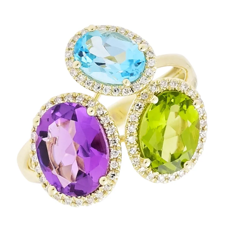 Women’s promise rings with subtle star engravings -Dabakarov Oval Amethyst and Peridot and Blue Topaz Ring in 14kt Yellow Gold with Diamonds (1/5ct tw)