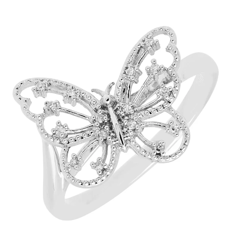 Women’s rings with clustered rose quartz stones -Diamond Butterfly Ring in Sterling Silver (1/20ct tw)