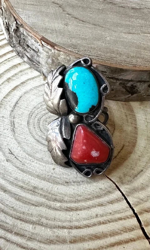 Women’s rings with etched initials for meaning -DOUBLE DECKER Navajo 60s 70s Silver Coral & Turquoise Ring Size 4 1/4