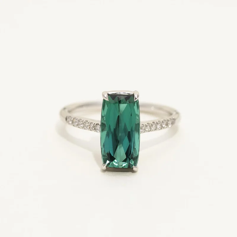 Women’s rings with brushed gold for subtlety -Elongated Cushion Cut Green Tourmaline Ring in 14kt White Gold with Diamonds (1/10ct tw)