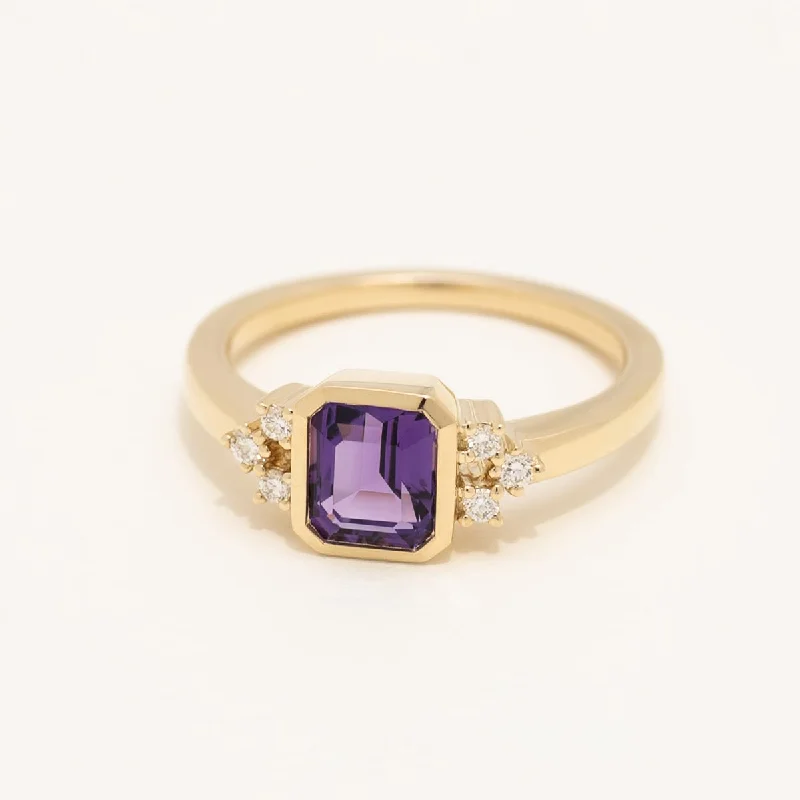 Women’s rings with vintage claw prong settings -Emerald Cut Amethyst Ring in 14kt Yellow Gold with Diamond (1/10ct tw)