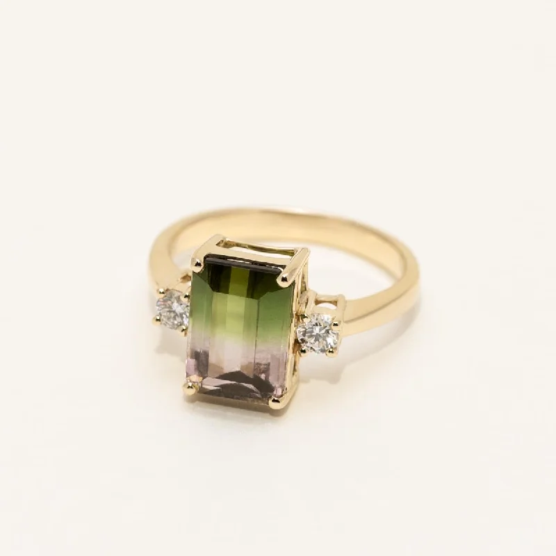 Women’s rings with tiger eye for boldness -Emerald Cut Bicolor Tourmaline Ring in 14kt Yellow Gold with Diamonds (1/5ct tw)