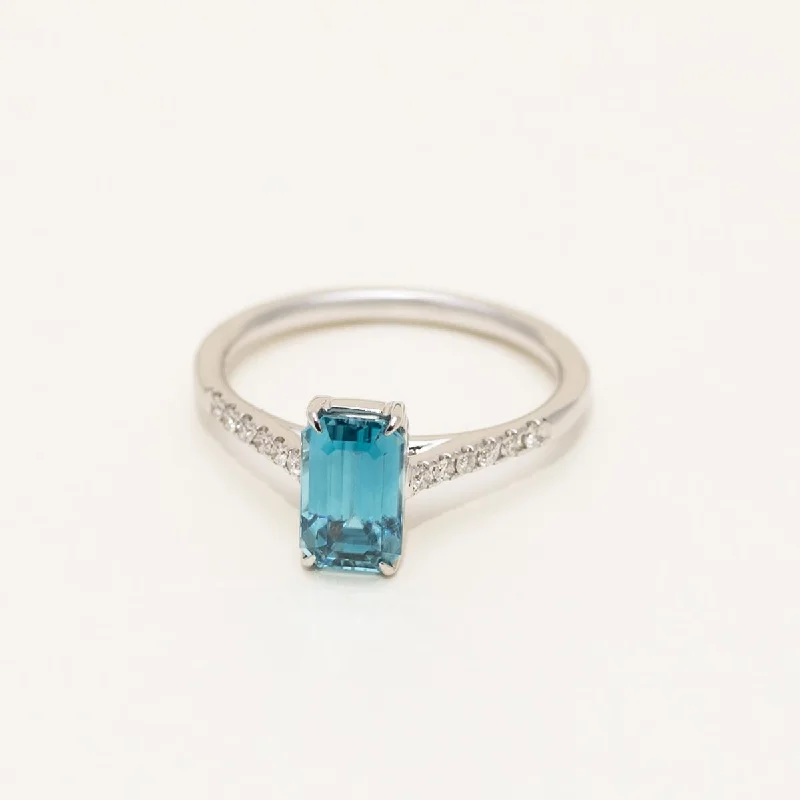 Women’s rings with sunstone gems for glow -Emerald Cut Blue Zircon Ring in 14kt White Gold with Diamonds (1/10ct tw)