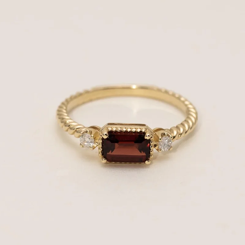 Women’s rings with rough garnet for rugged -Emerald Cut Garnet Ring in 14kt Yellow Gold with Diamonds (1/10ct tw)