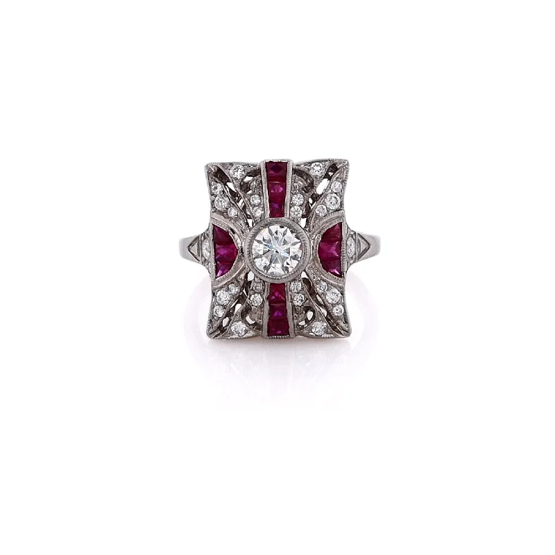 Women’s rings with polished jade for calm -Estate 18 Karat White Gold Rectangular Design Ruby and Diamond Ring