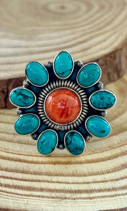 Women’s rings with channel-set peridot gems -FLOWER POWER Navajo Spiny Oyster & Kingman Turquoise Sterling Silver Ring • Size 7