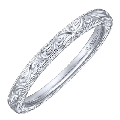 Women’s slim rings with pave sapphire accents -Gabriel Swirl Engraved Stackable Ring in 14kt White Gold