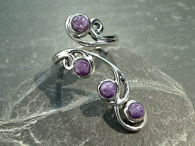 Women’s rings with aquamarine gems for calm -Size 6 Adjustable - Charoite, Sterling Silver Ring