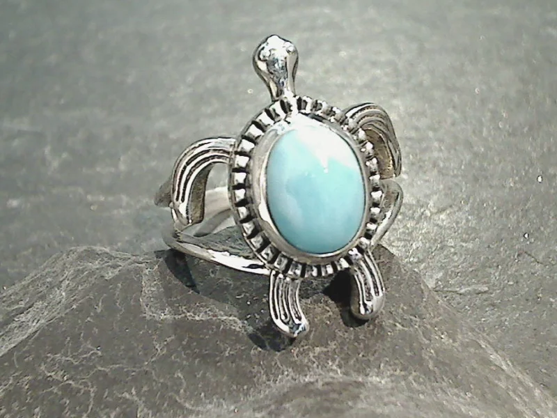 Women’s rings with rainbow moonstone for play -Size 7 Larimar, Sterling Silver Sea Turtle Ring