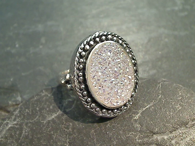 Women’s rings with aventurine for green luck -Size 6 Druzy Quartz, Sterling Silver Ring