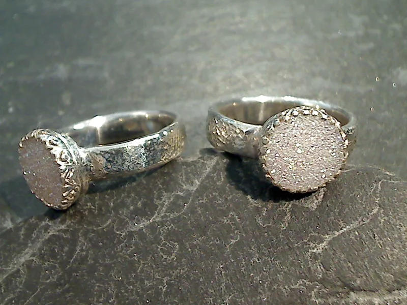 Women’s rings with etched wave band designs -Size 9 Druzy Quartz, Sterling Silver Ring