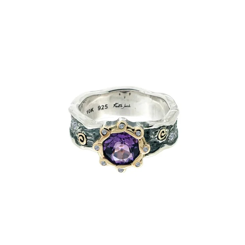 Women’s delicate rings with tiny sapphire accents -Keith Jack Rocks n Rivers Amethyst Ring in Sterling Silver and 10kt Yellow Gold with Cubic Zirconia (size 8)