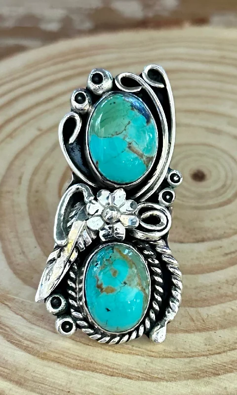 Women’s promise rings with subtle star engravings -LITTLE C.R. Navajo, Dine'h Native Arts Turquoise Sterling Silver, Large Ring • Size 9 1/2