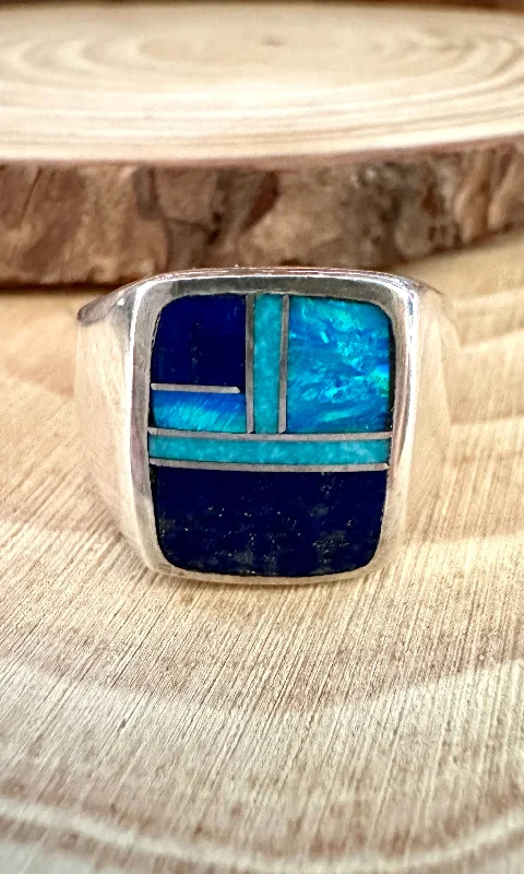 Women’s titanium rings with sleek modern designs -LOVE IN BLUE Multi Stone & Sterling Native American Inlay Mens Ring • Sizes 10, 10.5