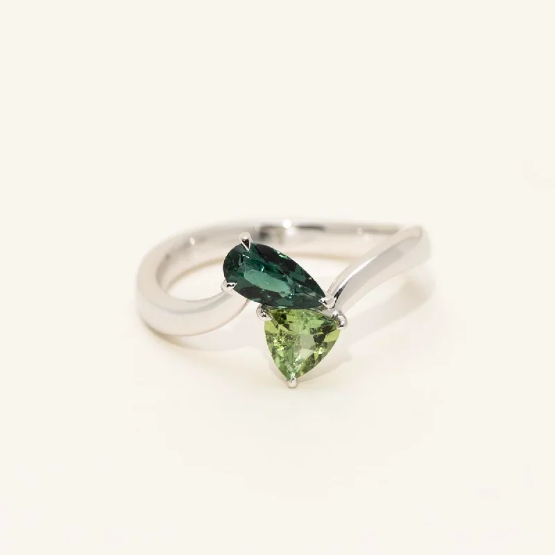 Women’s rings with bold agate for earth -Maine Green and Indicolite Tourmaline Ring in 14kt White Gold