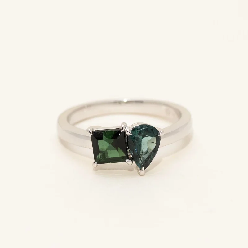 Women’s rings with crescent peridot for green -Maine Green and Indicolite Tourmaline Ring in 14kt White Gold