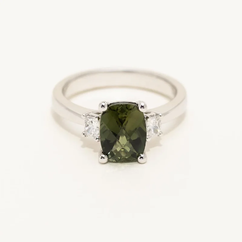 Women’s rings with hematite for metallic shine -Maine Green Tourmaline Cushion Cut Ring in 14kt White Gold with Diamonds (1/4ct tw)