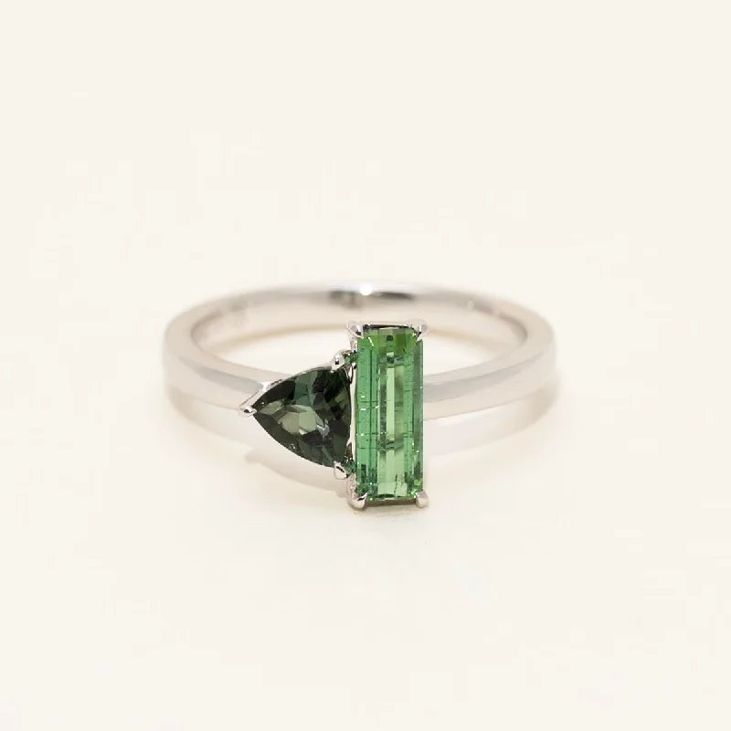 Women’s rings with rainbow moonstone for play -Maine Green Tourmaline Trillion and Emerald Cut Ring in 14kt White Gold