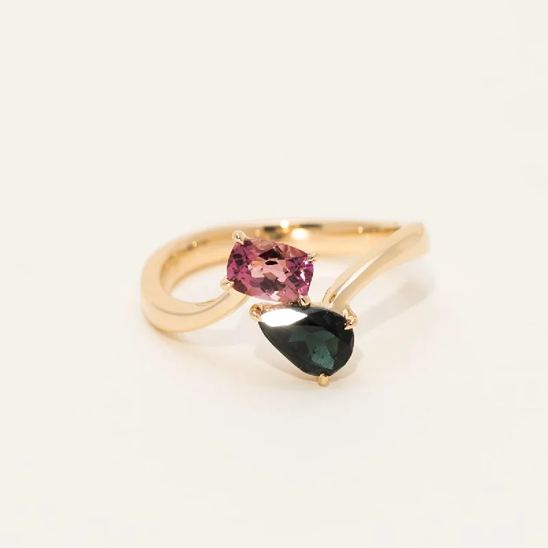 Women’s rings with gothic emerald for drama -Maine Indicolite and Pink Tourmaline Ring in 14kt Yellow Gold