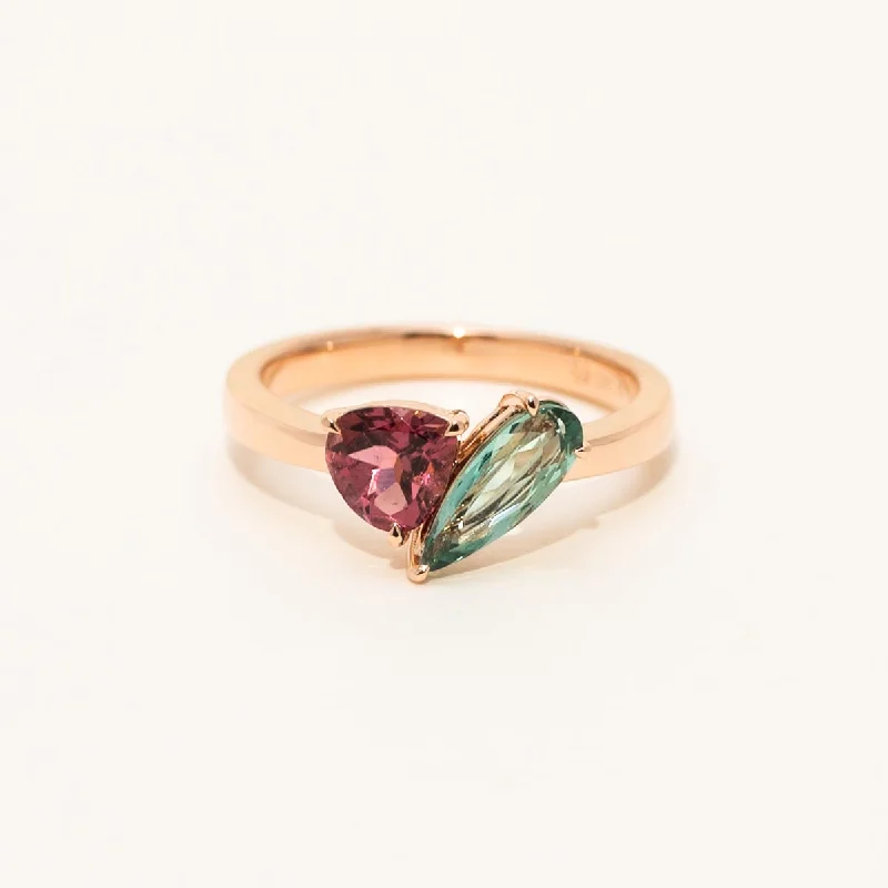 Women’s rings with vintage claw prong settings -Maine Pink and Indicolite Tourmaline Ring in 14kt Rose Gold