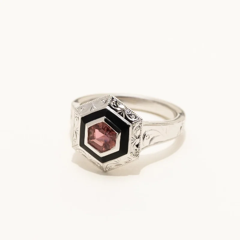 Women’s wide rings with bold amethyst gems -Maine Pink Tourmaline Ring in 14kt White Gold with Black Enamel