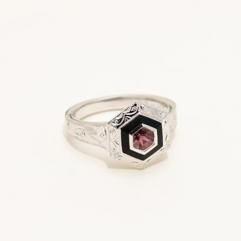 Women’s rings with etched wave band designs -Maine Pink Tourmaline Ring in 14kt White Gold with Black Enamel