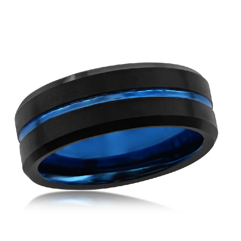 Women’s rings with clustered rose quartz stones -Matte Black & Polished Blue Stripe Tungsten Ring