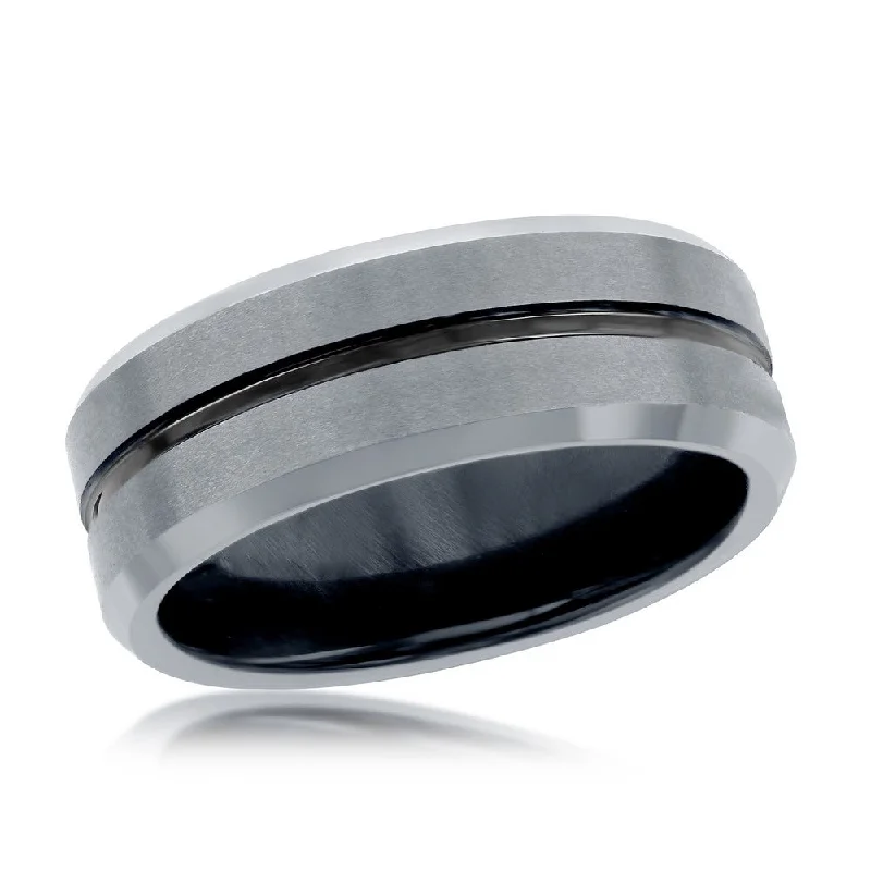 Women’s dainty rings with floral opal motifs -Matte & Polished Silver and Black Stripe Tungsten Ring