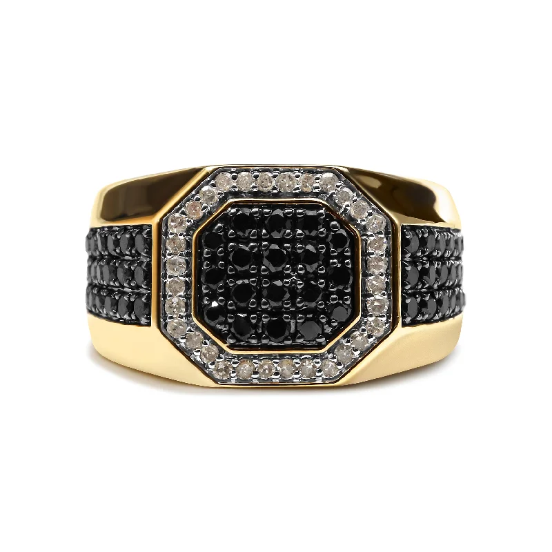 Women’s rings with etched initials for meaning -Men's 10K Yellow Gold 1 1/4 Cttw White and Treated Black Diamond Octagonal Halo Band Ring