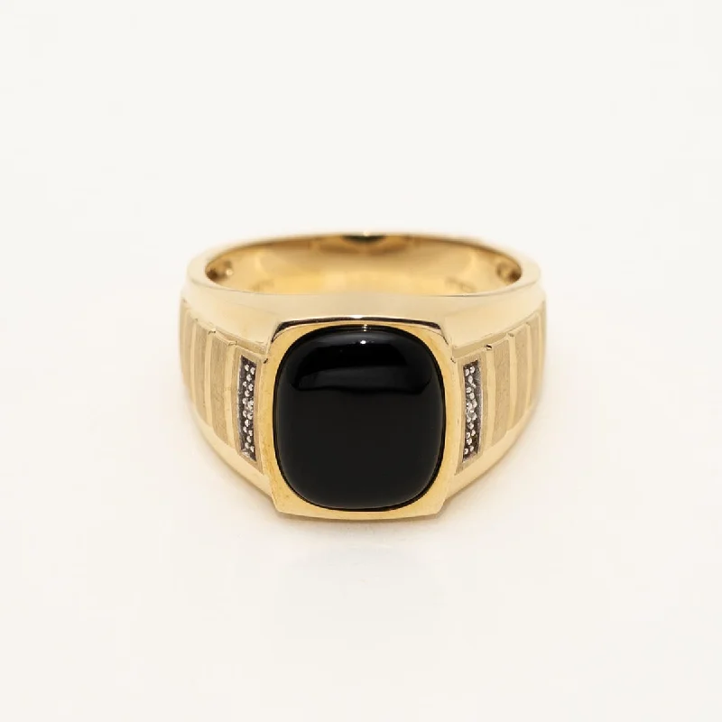 Women’s rings with engraved constellations for stars -Mens Black Onyx Ring in 10kt Yellow Gold with Diamonds