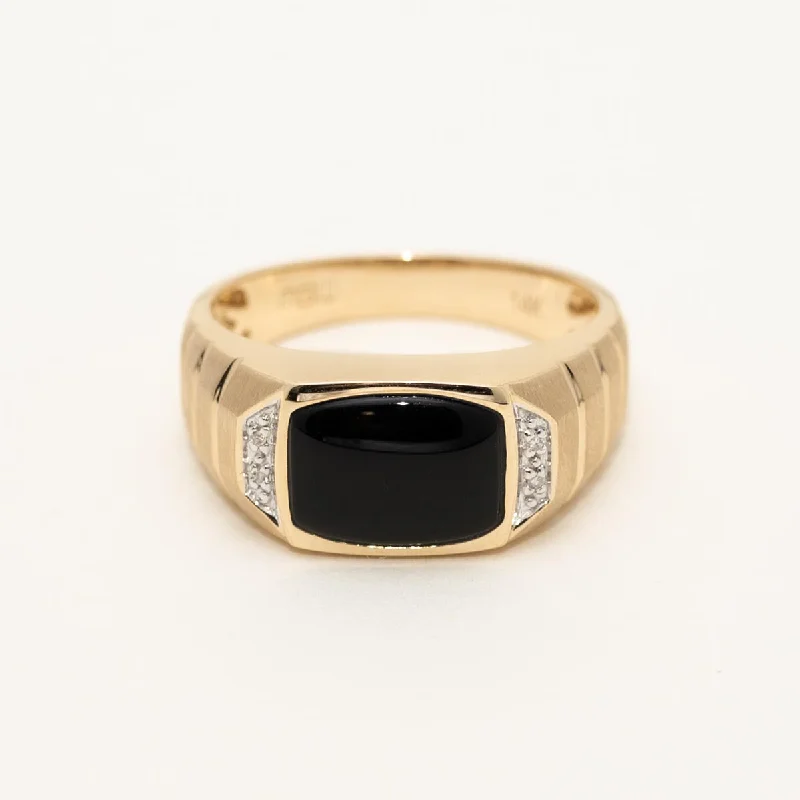 Women’s rings with raw citrine for charm -Mens Black Onyx Ring in 10kt Yellow Gold with Diamonds