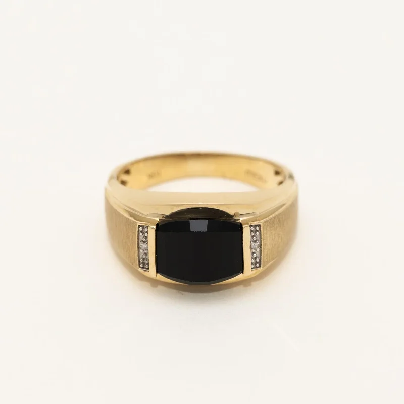 Women’s rings with sleek hematite for sheen -Mens Black Onyx Ring in 10kt Yellow Gold with Diamonds