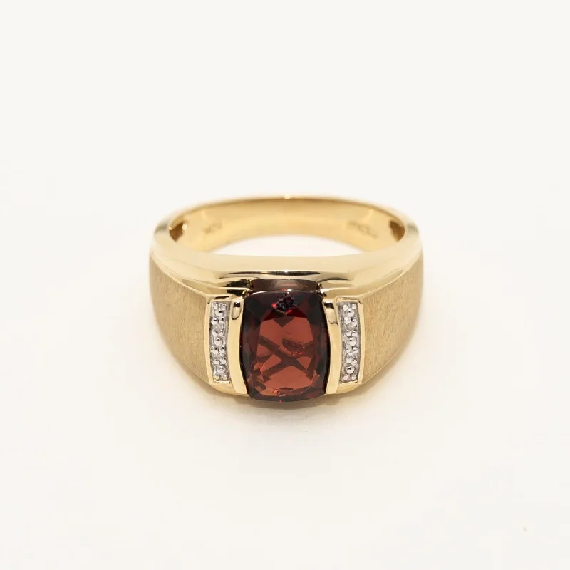 Women’s rings with lotus-inspired sapphire bands -Mens Cushion Cut Garnet Ring in 10kt Yellow Gold with Diamonds