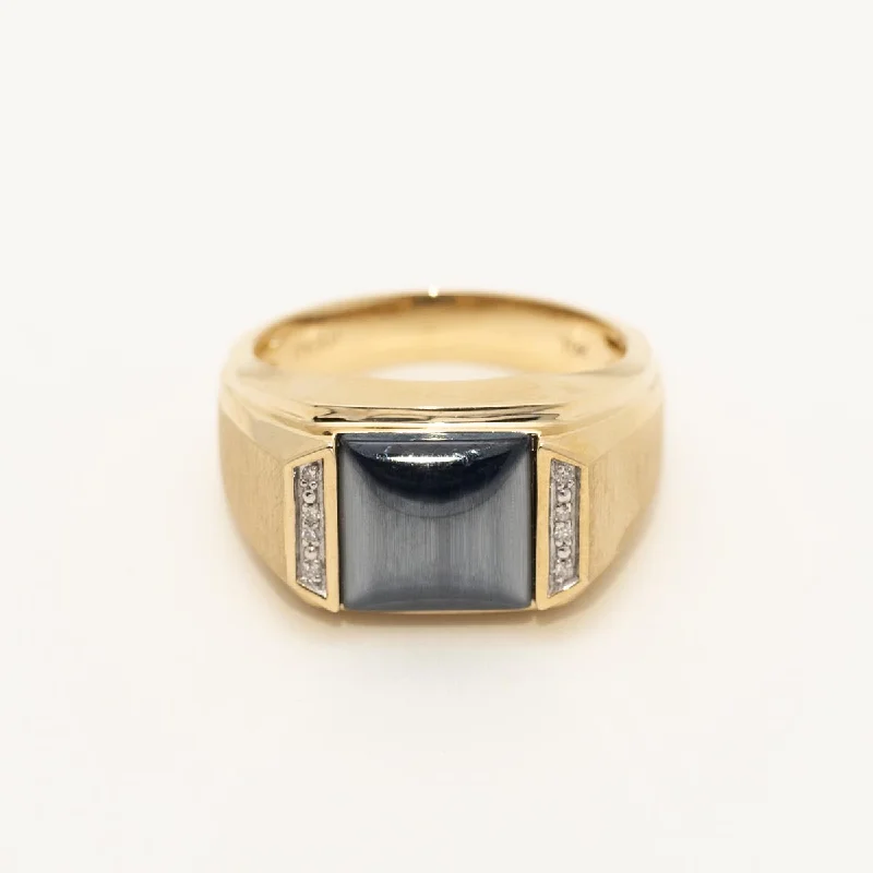 Women’s rings with polished peacock ore glow -Mens Grey Quartz Cats Eye Ring in 10kt Yellow Gold with Diamonds