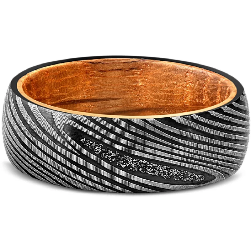 Women’s signet rings with bold family crests -Men's Tungsten & Whiskey Barrell 8mm Ring Damascus Pattern Wedding Band