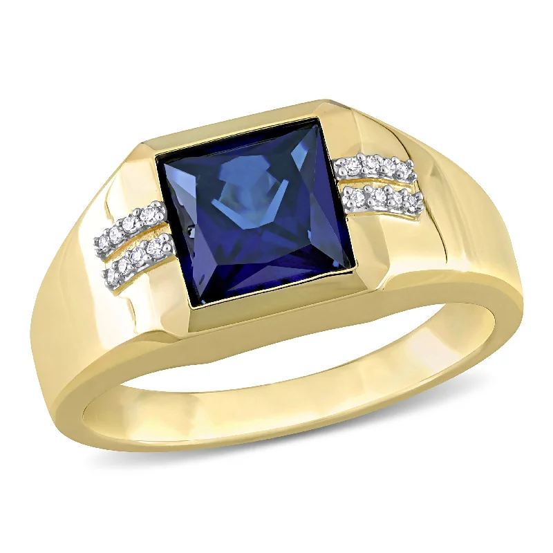 Women’s bridal rings with diamond halo settings -Mimi & Max 3ct TGW Square Created Blue Sapphire and Diamond Accent Men's Ring in 10k Yellow Gold