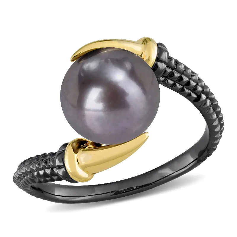 Women’s rings with hexagon-cut amethyst stones -Mimi & Max 9.5-10mm Black Cultured Freshwater Pearl on Two-Tone Crossover Ring in Yellow and Black Rhodium Plated Sterling Silver