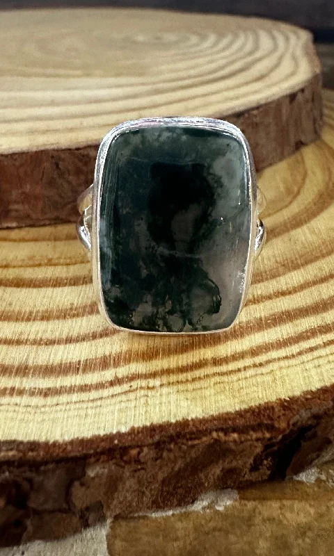 Women’s rings with claw-set jade for security -MOSS AGATE and Silver Ring • Size 8