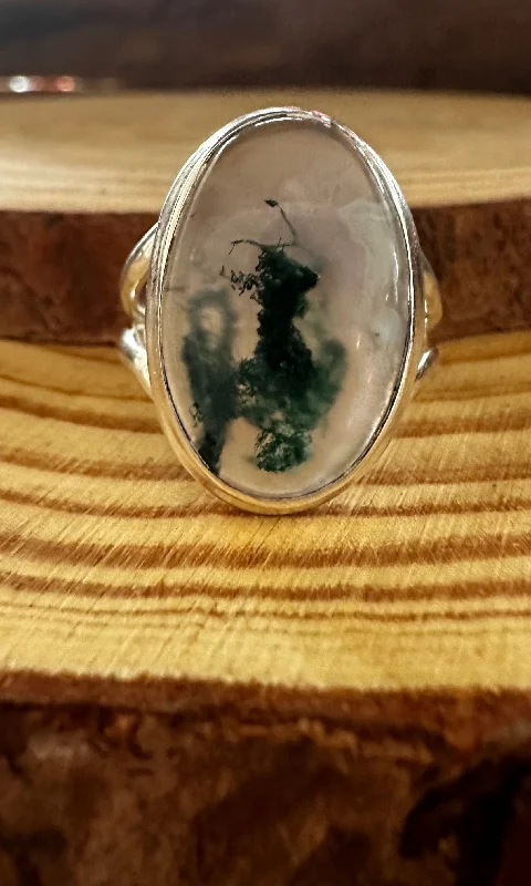 Women’s rings with rough sapphire for chic -MOSS AGATE and Silver Ring • Size 7