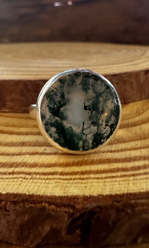 Women’s custom rings with engraved love messages -MOSS AGATE and Silver Ring • Size 9