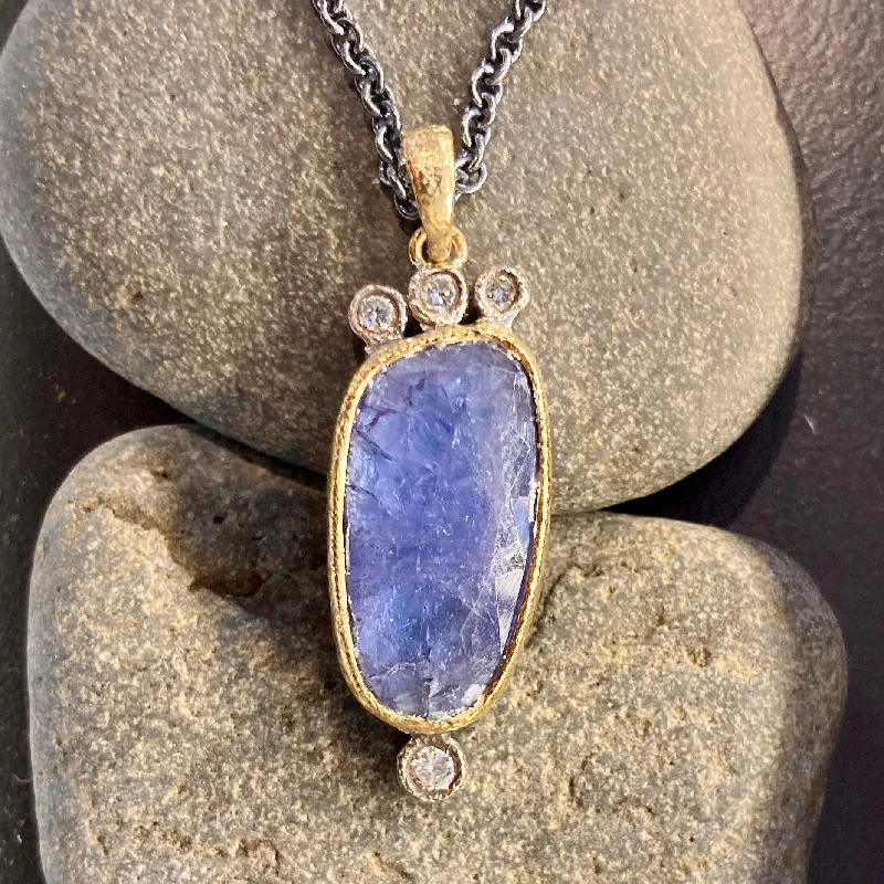 Stylish necklaces and pendants with diamonds for a glamorous and elegant look-One of a Kind Faceted Tanzanite and Diamonds Pendant with 18K Gold