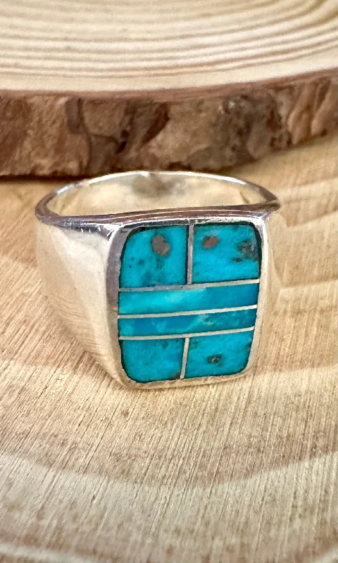 Women’s stretch rings for adjustable comfort fit -OPEN OCEAN Turquoise & Sterling Silver Native American Inlay Ring Mens • Size 11