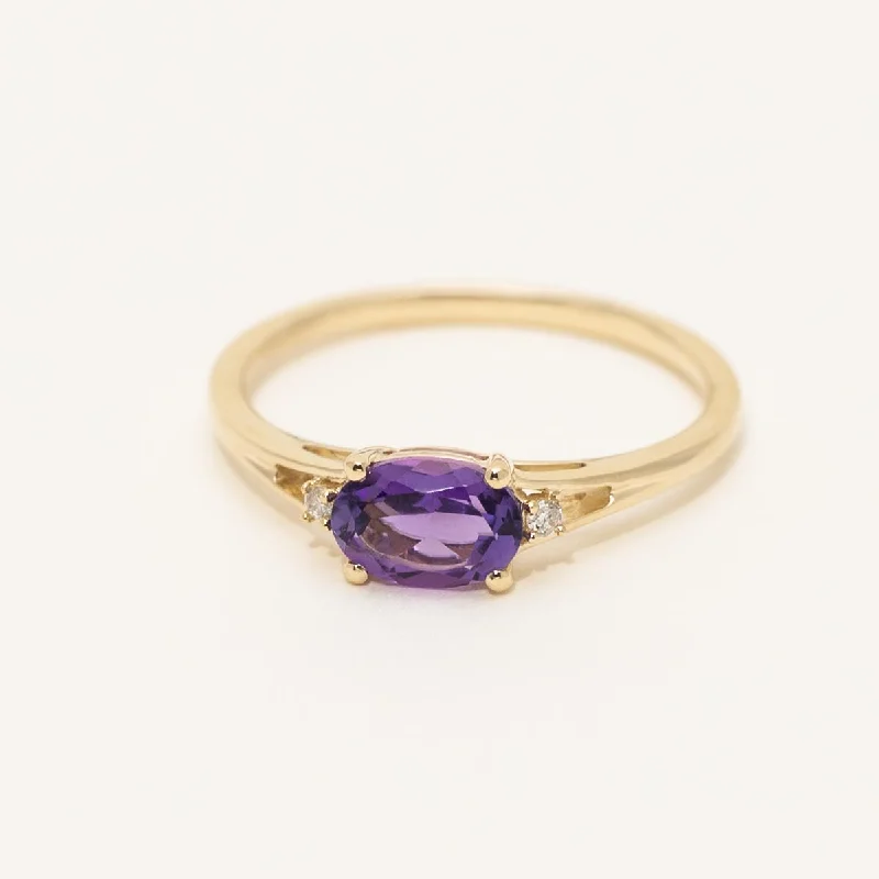 Women’s minimalist rings with polished onyx shine -Oval Amethyst Ring in 10kt Yellow Gold with Diamonds (.02ct tw)