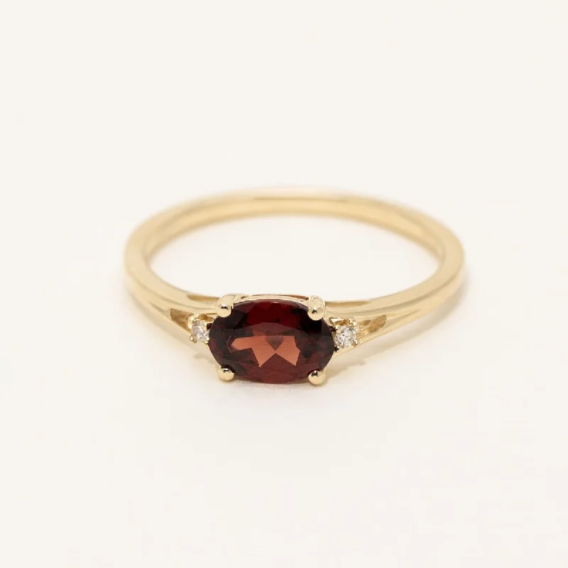 Women’s rings with aquamarine gems for calm -Oval Garnet Ring in 10kt Yellow Gold with Diamonds (.02ct tw)