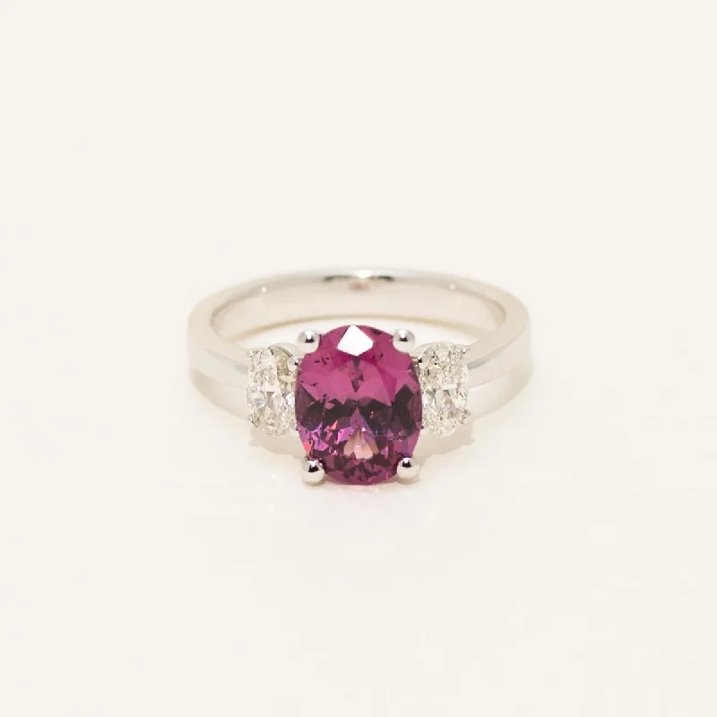 Women’s rings with herkimer diamonds for clarity -Oval Rhodolite Garnet Three Stone Ring in 14kt White Gold with Diamonds (5/8ct tw)